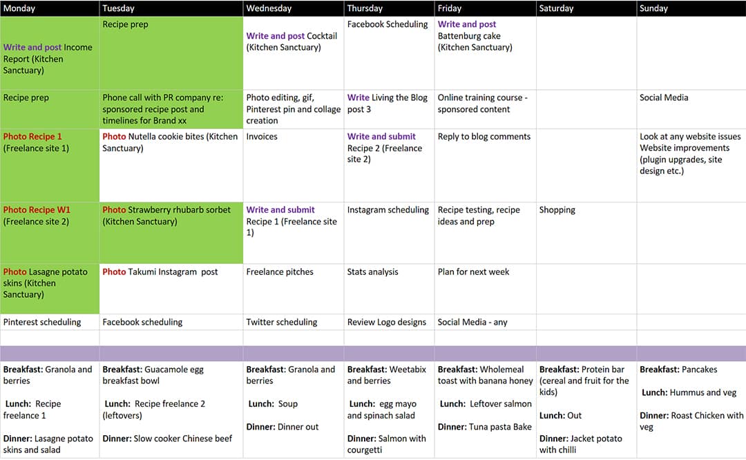 Weekly blogging timetable - full time blogger